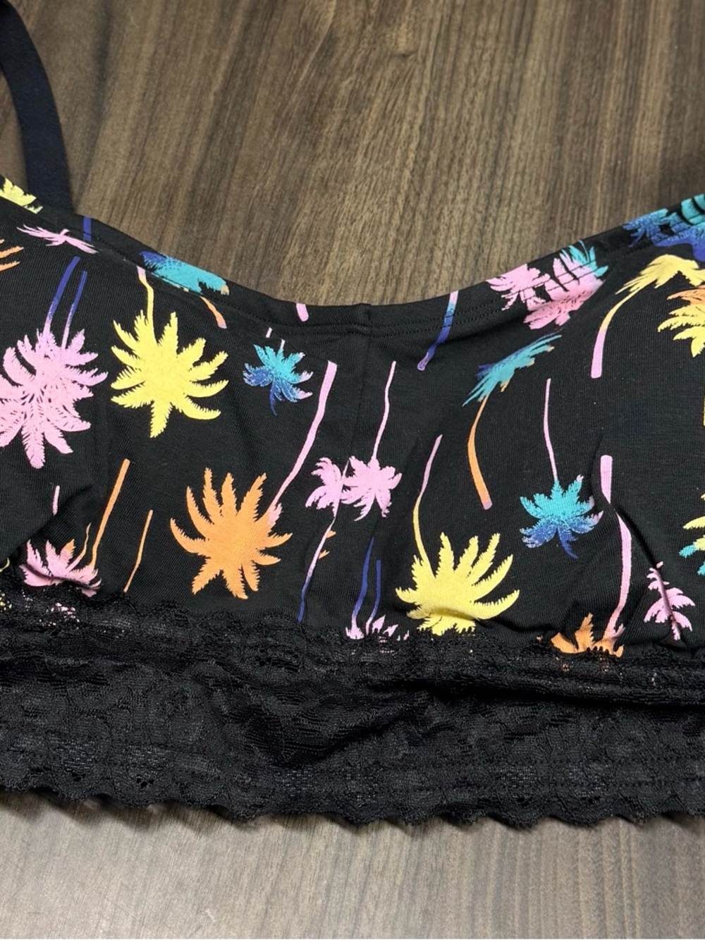 Black Bralette with Multicolor Tropical Palm Print and Lace Trim